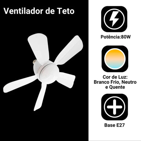 Ventilador de Teto Turbo Silencioso Oval 80w 5 Pás LED 3 Cores E27 Controle Função Timing Bivolt